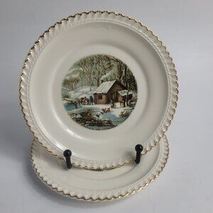 TWO Harker Pottery Currier and Ives Bread Plates Wilderness Feeding the Chickens